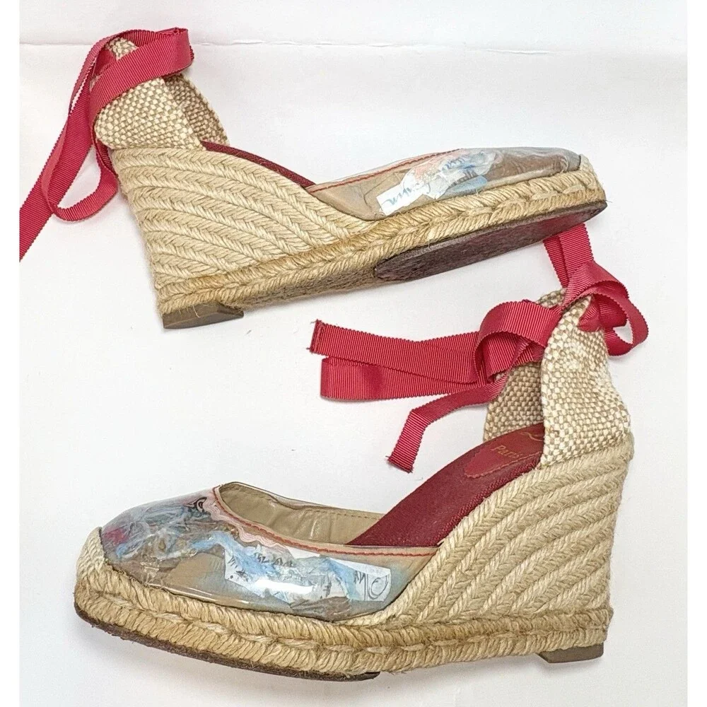 Christian Louboutin Red Ribbon Espadrille Wedge with Printed Toe